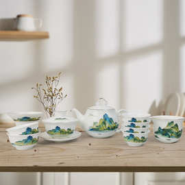 骨质瓷茶具礼品中式功夫茶具批发千里江山茶具企事业礼品国潮套装