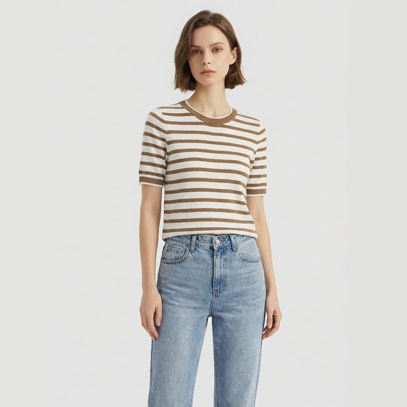 Nanyou High-End Women's Summer Color-Block Striped Tencel Knit Pullover Short-Sleeve Versatile Sweater Base Shirt Nanyou High-End Women's Summer Color-Block Striped Tencel Knit Pullover Short-Sleeve Versatile Sweater Base Shirt