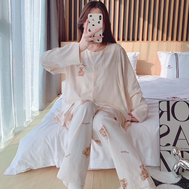 2025 신제품 순면 땀흡수 산후복, 산후수유 잠옷, 홈복, 가슴패드가 있는 11월 가을 겨울 임산부