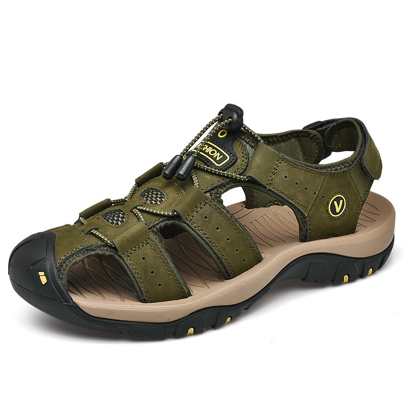Sandalias de verano para hombres de talla grande zapatos de playa al aire libre Velcro sandalias de Punta cerrada cuero genuino capa superior cuero transpirable zapatos Casuales