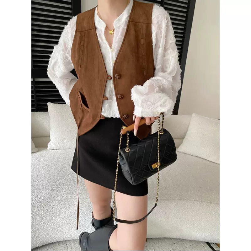 司南 早春新款 民族风仿麂皮绒V领飘带显瘦叠穿短款马甲 SN8541