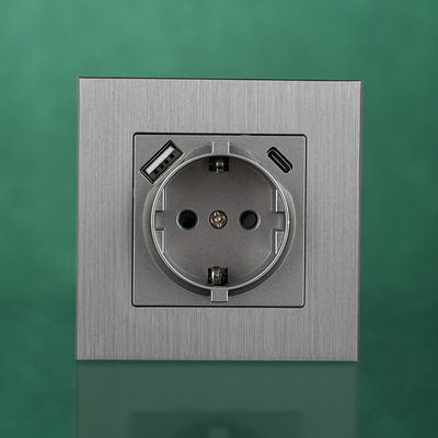 跨境CE认证出口 S系列铝拉丝面板86型欧规德插USB&USB-C墙壁插座