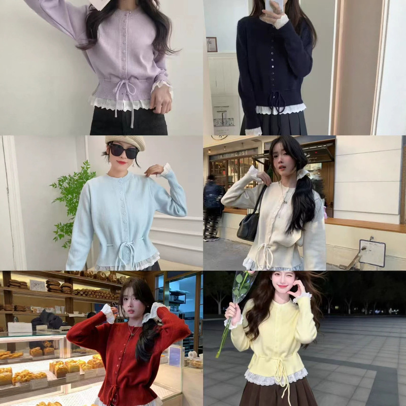 Fake two-piece Korean-style sweet and youthful lace-trimmed waist-tied sweater for women, new autumn and winter knitted cardigan for women