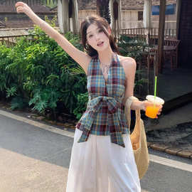 甜辣撞色格纹V领吊带背心女夏季复小众设计感蝴蝶结挂脖短款上衣