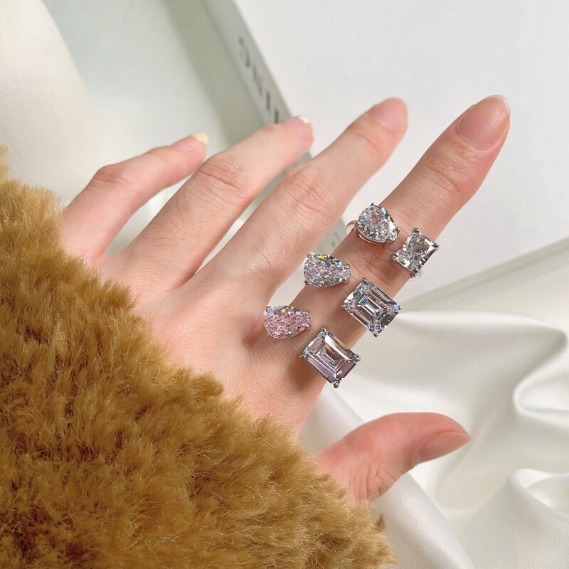 Live Broadcast Cross-Border S925 Sterling Silver Ring Ice Flower Cut High Carbon Diamond 8A Kardashian Family Same Style Women's Open Ring