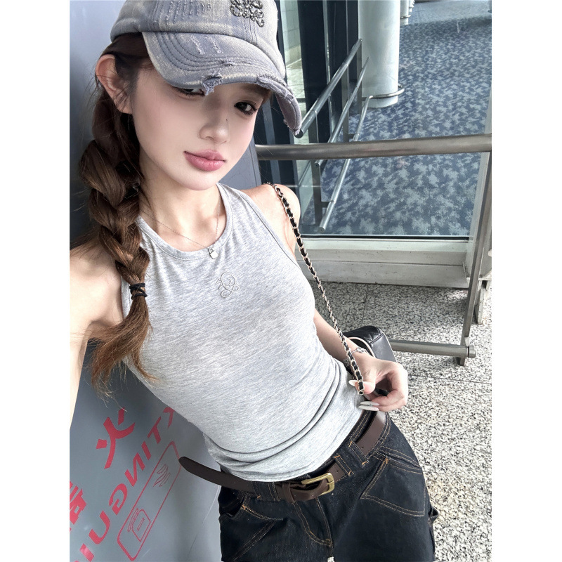Summer Elastic Knitted Waist-Cinching Short Vest Top for Women, Loose Straight High-Waisted Retro Five-Point Denim Pants Set