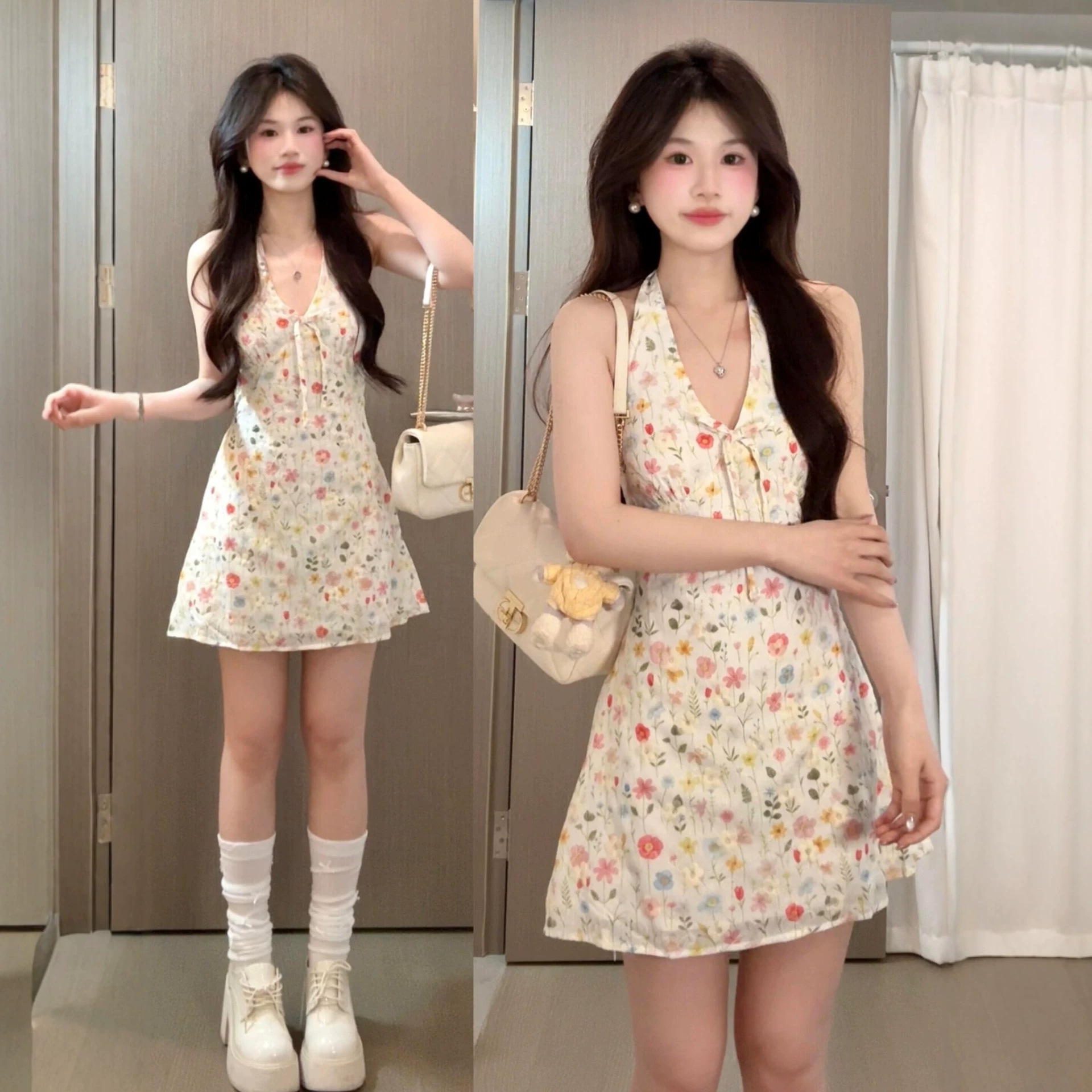 法式白色无袖挂脖吊带碎花连衣裙子女夏2026新款气质海边度假短裙