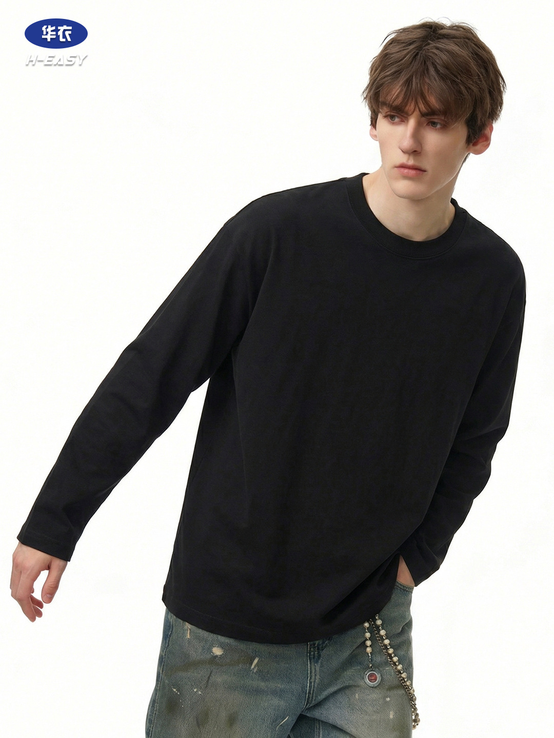 Camiseta de manga larga de algodón puro 220g kangli spray directo artesanía ropa de clase empresarial ropa de trabajo tendencia deportiva cuello redondo de ocio