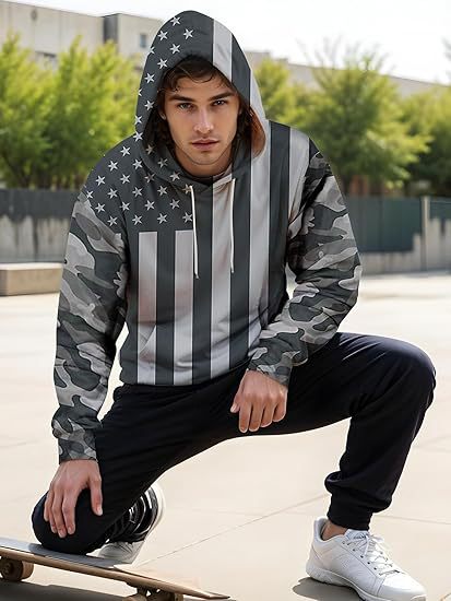Camuflaje geométrico rayas belleza bandera estampada 3D hombres sueltos de manga larga hombro con cordón suéter con capucha sudadera