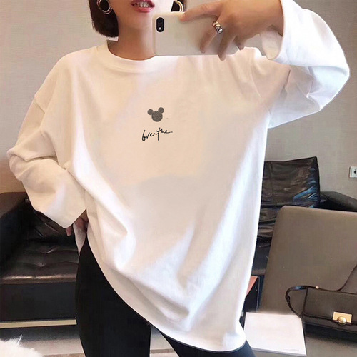 Heavyweight pure cotton long-sleeved T-shirt for women, loose spring and autumn base shirt, student versatile black top, INS trendy.