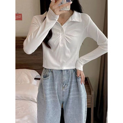 2025新款大碼恤打底衫領女秋設計感小眾褶皺顯瘦短款上衣女