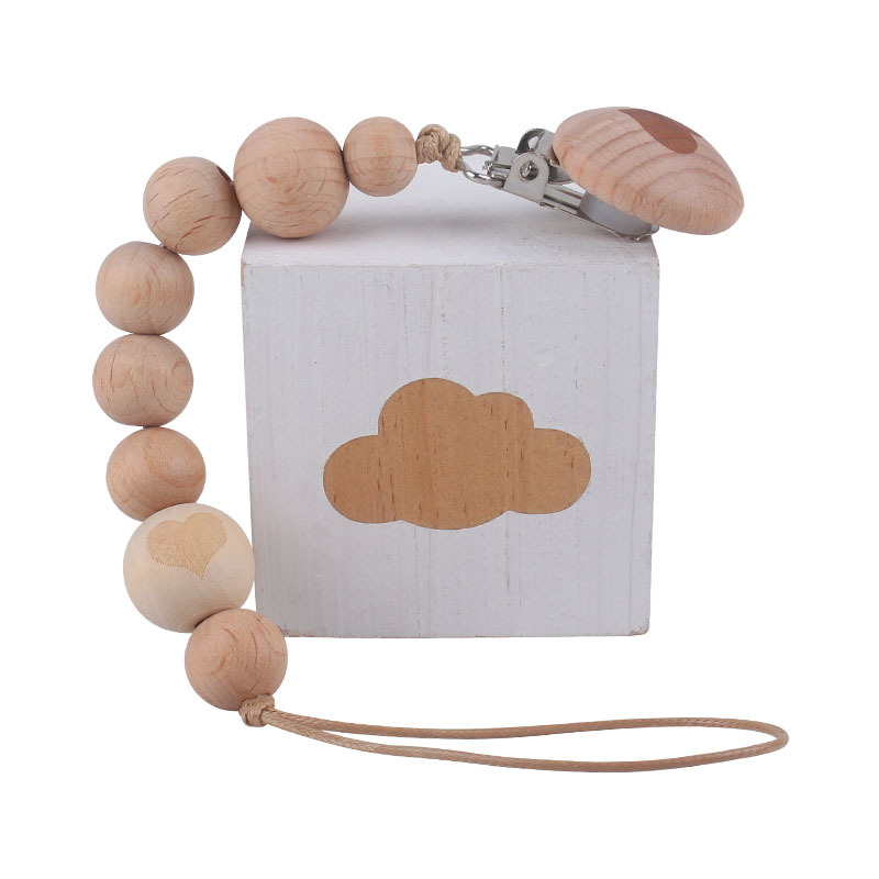 Bebé suministros de dibujos animados de haya forma chupete clip de haya animal cuentas de madera mordedor cuentas pezón cadena anti-perdido cadena