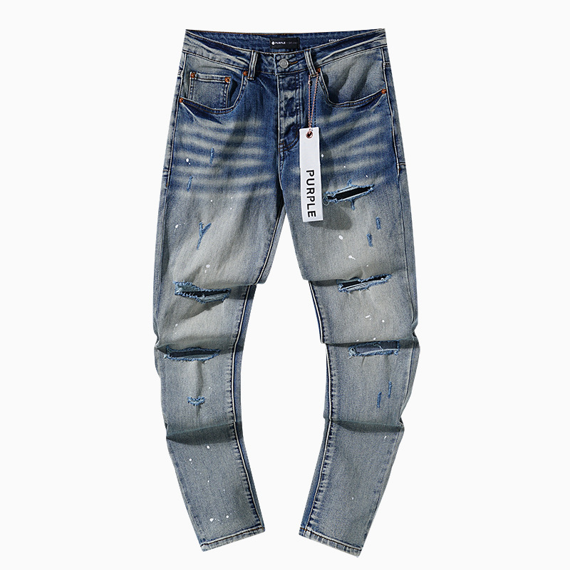 跨境欧美PurpleBrand牛仔裤jeans水洗做旧复古破洞泼墨潮流直筒|undefined