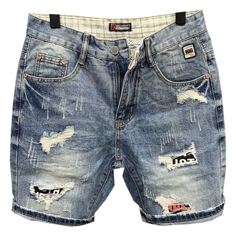 Джинсовые шорты с прямыми отверстиями мужские свободные приливные бренды ins плюс размер укороченные брюки летом тонкие бритые средние брюки