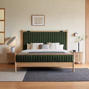 Kena/Mu Liu Solid Wood Bed White Oak High Bed Screen Thin Bedside Modern Simple Master Bedroom Double Fabric Bed Z