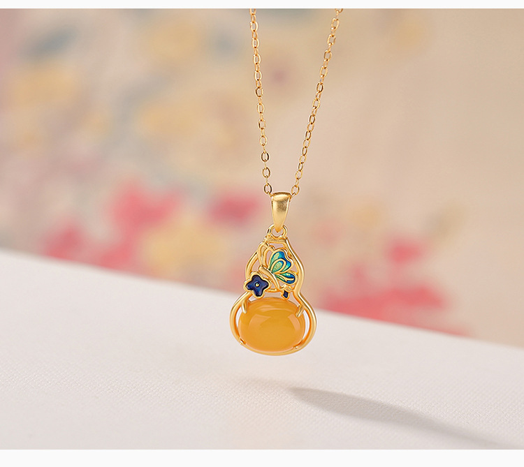 Mặt dây chuyền bạc S925 mạ vàng hình bướm hồ lô đính mã não đỏ và hổ phách — Hồng nước (không kèm dây) chi tiết 6