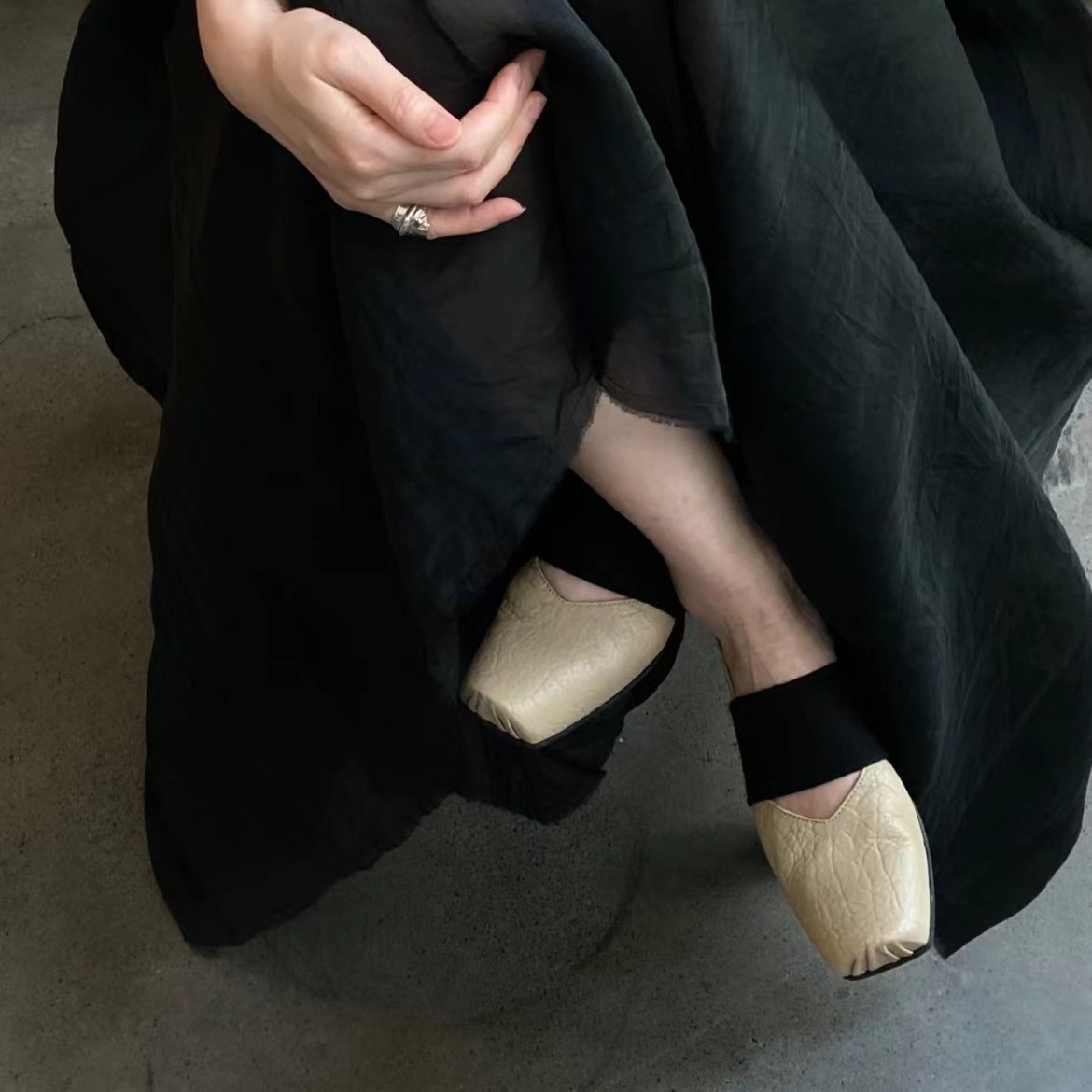 Cowhide Version ~ Retro Handmade Washed Goodyear Process Square Toe Ballet Shoes High Heels Pumps for Women