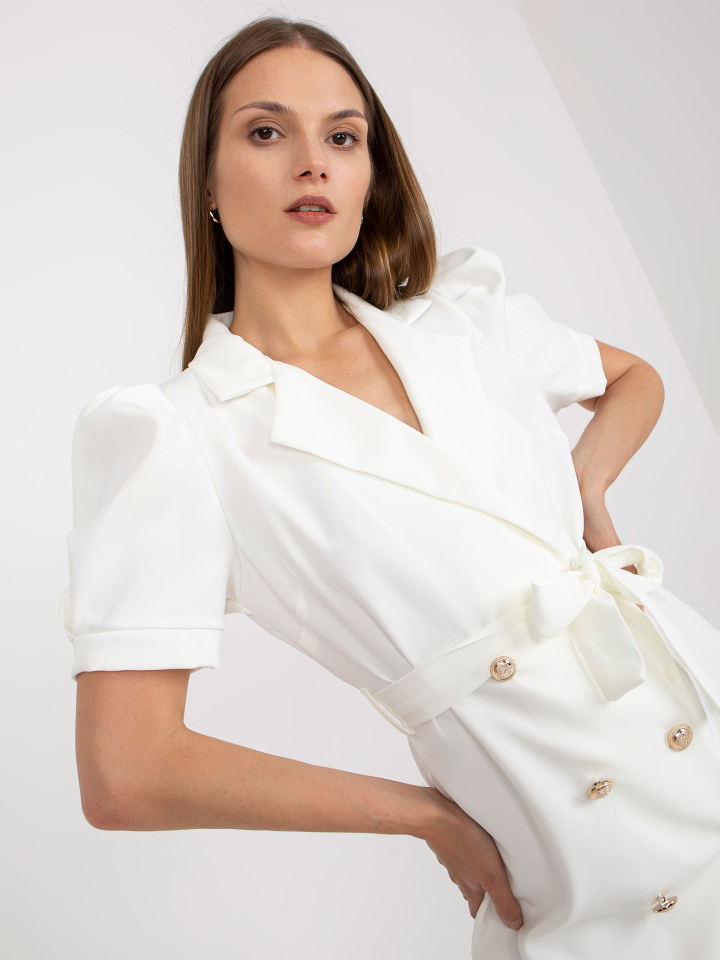 Summer Solid Color Double Breasted Collar Short Sleeve Dress