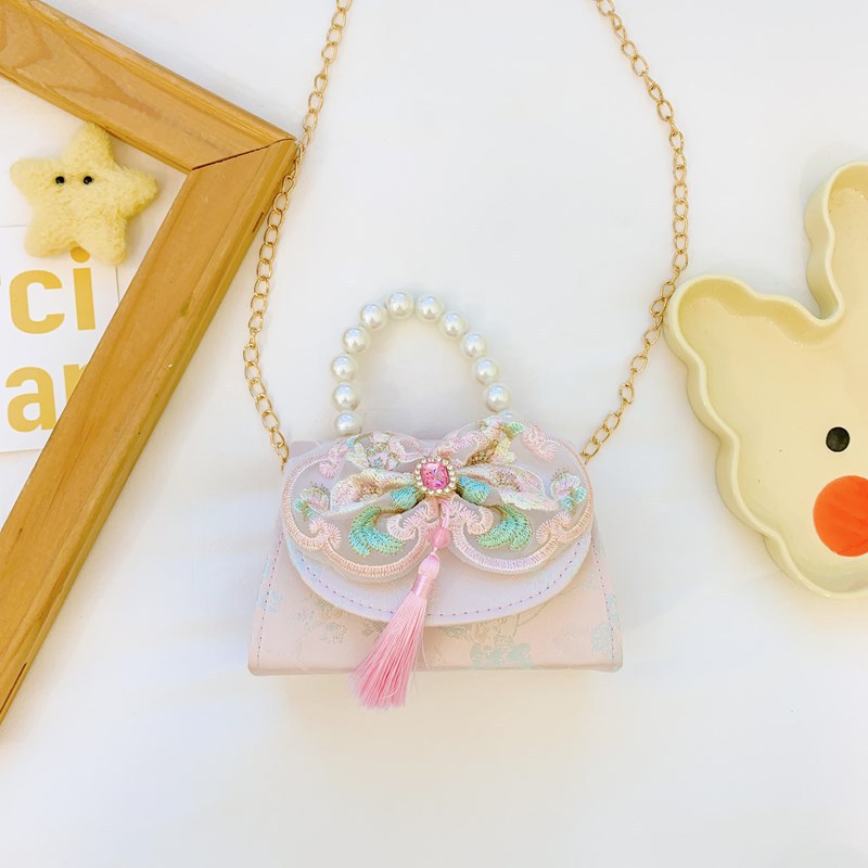 Hermoso bolso de arco de perla para niños nuevo estilo antiguo bolso de borda estilo chino colorido bolso de hombro con diamantes