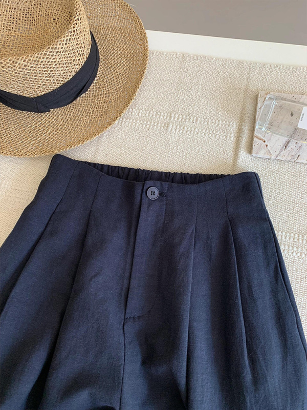 CHAO火推荐！被惊艳到了！藏蓝色棉麻后松紧腰长裤女夏季亚麻裤子|undefined