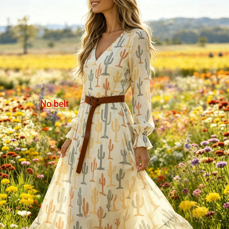 2026 Cross-Border Amazon Temu Summer New Style Fresh and Elegant Printed V-Neck Long-Sleeved Dress Long Skirt 2026 Cross-Border Amazon Temu Summer New Style Fresh and Elegant Printed V-Neck Long-Sleeved Dress Long Skirt