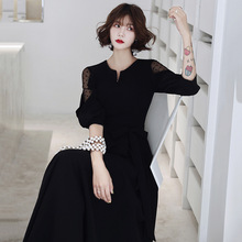 韩版黑色晚礼服女2025秋冬新款宴会气质纯色年会礼服东南亚货源