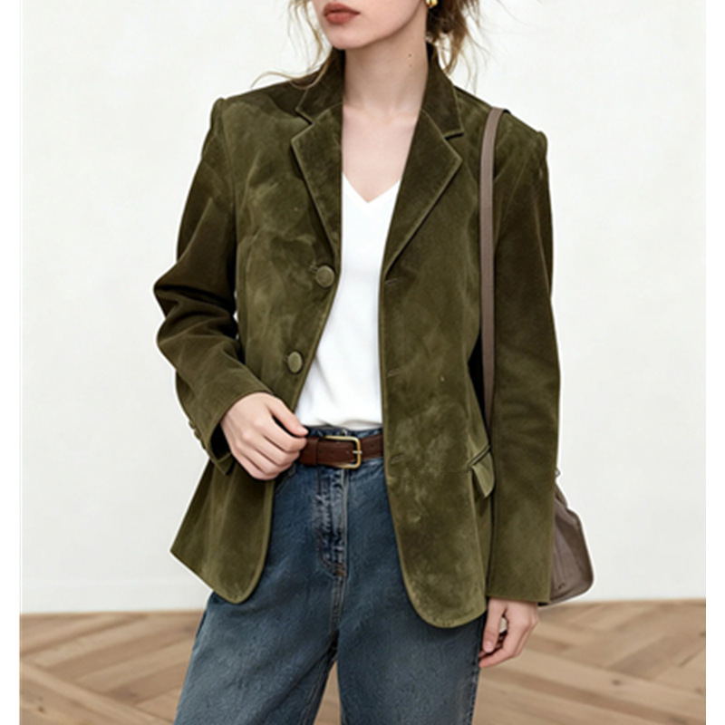 Army Green Suede French-Style Short Jacket 2026 Spring and Autumn New Fashion Elegant Versatile Blazer for Women