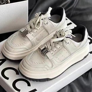 White Casual Sneakers 2025 Spring/Summer Soft Leather Crackle Pattern Niche Thick-Soled Height-Increasing Trendy Women's Sports Shoes