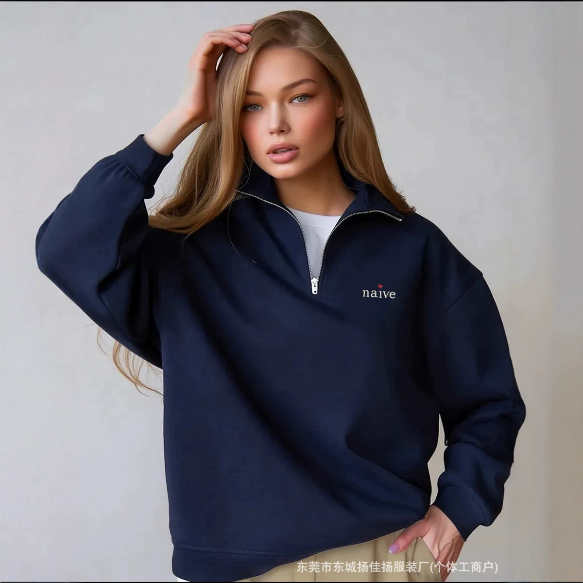 Autumn and Winter Vintage Casual Versatile Trendy Artistic Letter Print Slim-Fit Thickened Polo Collar Half-Zip Sweatshirt