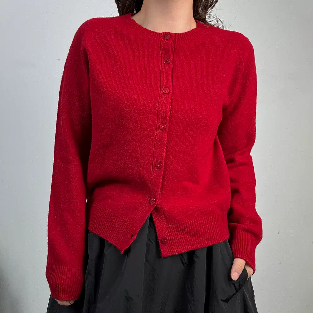 DIYIQIAN圆领细羊毛针织开衫女气质优雅短款女装秋冬圣诞上衣