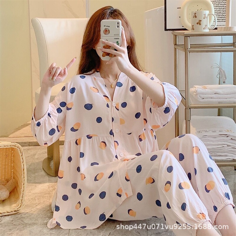 Summer New Cotton Silk Three-Quarter Sleeve Long Pants, Cotton Silk Pajamas, Thin Home Wear, Tiktok Live Streaming Hot Item, Artificial Cotton Summer New Cotton Silk Three-Quarter Sleeve Long Pants, Cotton Silk Pajamas, Thin Home Wear, Tiktok Live Streaming Hot Item, Artificial Cotton