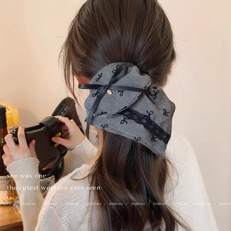 Grey arco de encaje anillo de cabello de intestino grande toalla cuadrada adornamiento de cabello otoño invierno sensación de alta calidad tocado de cola de caballo