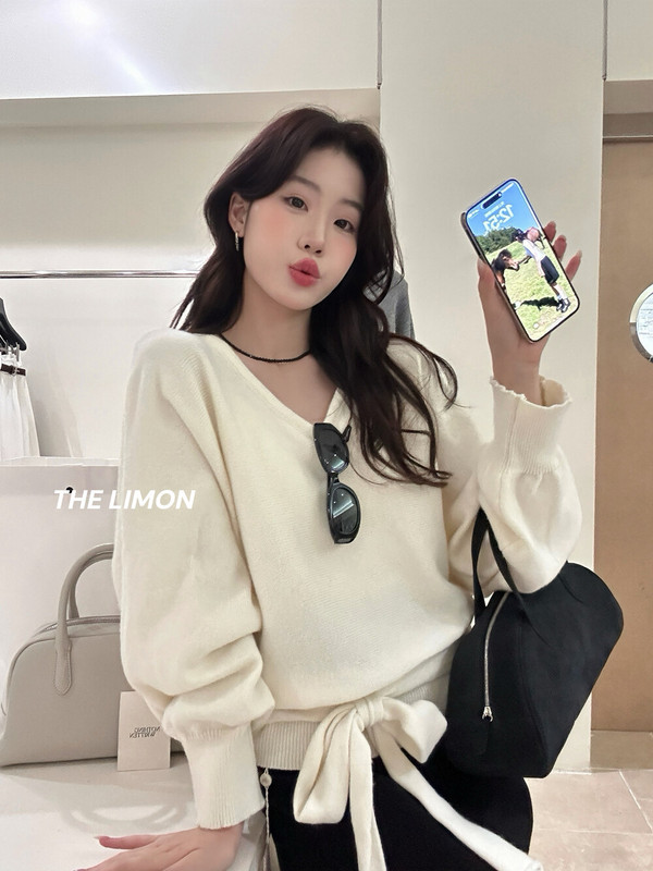 the limon柠檬绿茶2025秋季新款设计感长袖v领绑带女温柔风上衣|undefined