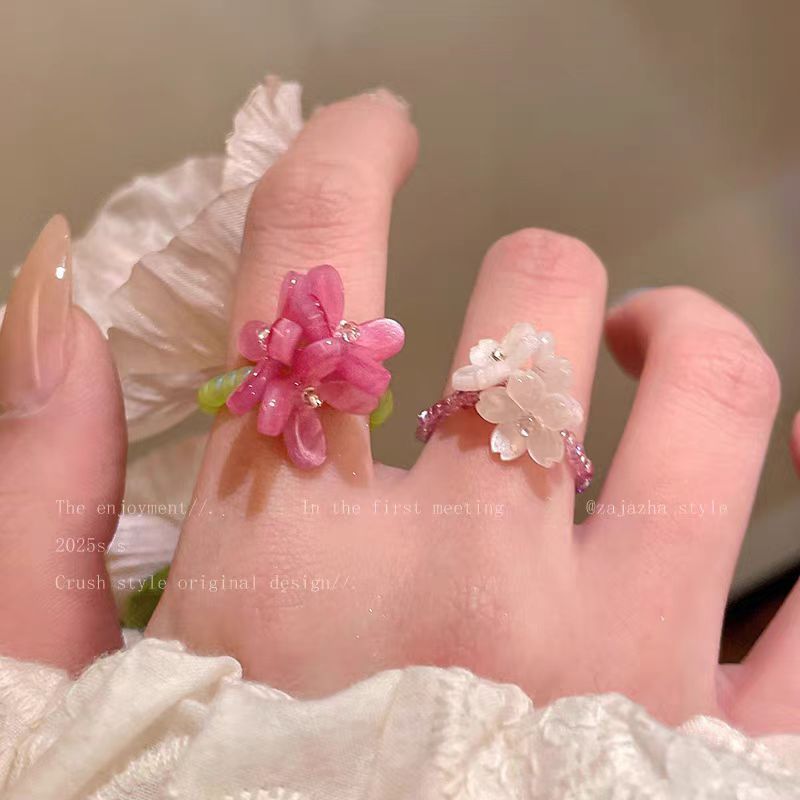 Violet Flower Stacked Flower Ring for Girls Early Spring Bestie New Korean Pastoral Style Elastic Beaded Ring