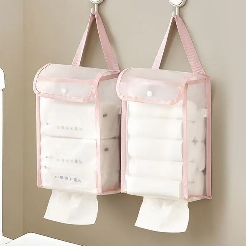 No-Drill Tissue Bag for Bathroom, Hanging Tissue Holder, Large Capacity Waterproof Hanging Tissue Storage Bag for Bedroom and Bathroom