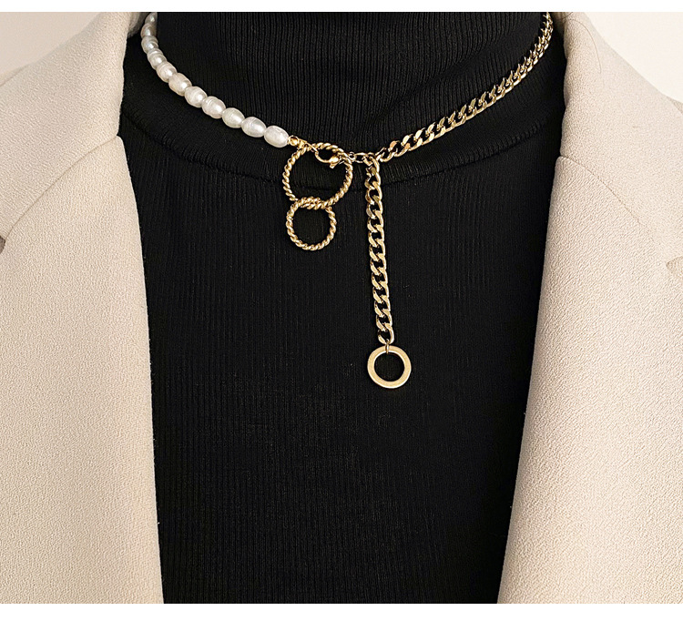 Baroque Pearl Stainless Steel Fashion Double Ring Pendant Clavicle Chain Wholesale display picture 1