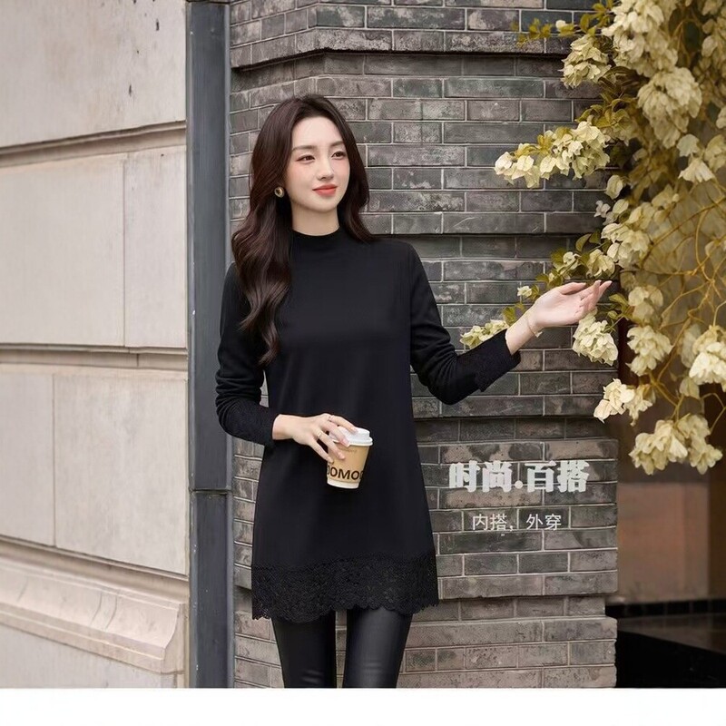 Lace patchwork long-sleeve base shirt for women, mid-length, semi-high collar, loose fit, slimming, suitable for both inner and outer wear, new spring/autumn style Lace patchwork long-sleeve base shirt for women, mid-length, semi-high collar, loose fit, slimming, suitable for both inner and outer wear, new spring/autumn style