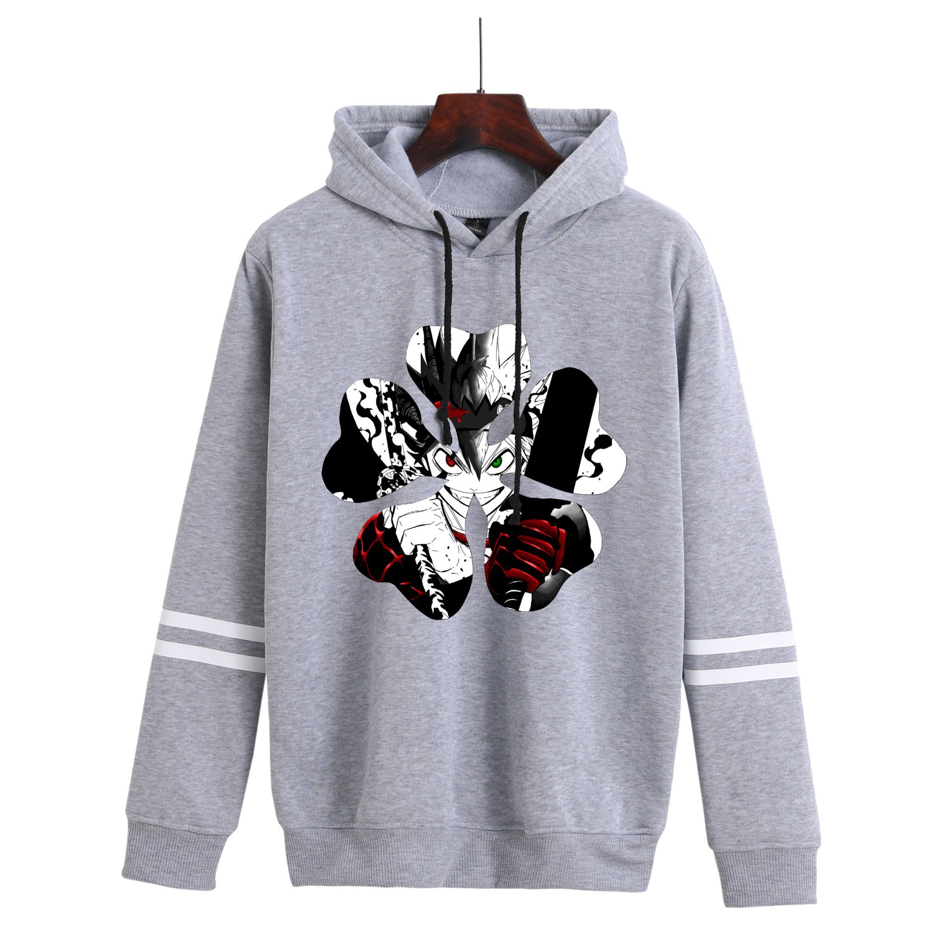 Amazon hombres y mujeres anime trébol negro Black Clover estampado con capucha pareja suéter de barras paralelas