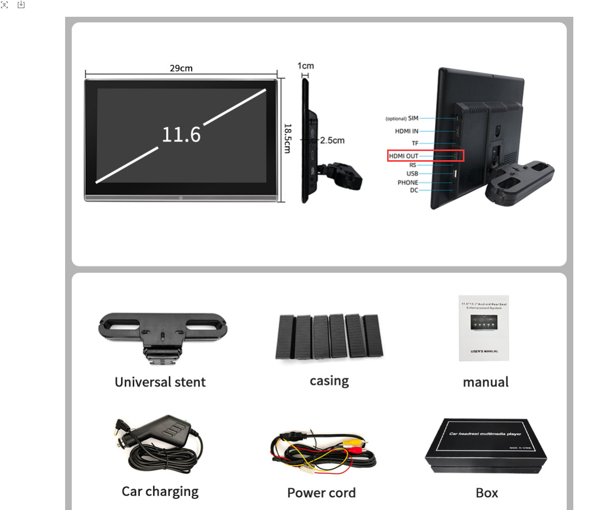 11.6 inch rear seat entertainment car IPS full touch 4K display Android headrest monitor wireless wifi