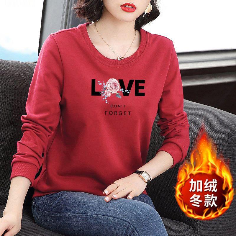 卫衣长袖t恤女春秋2025年新款冬季中年妈妈红色外穿上衣加绒加厚|undefined