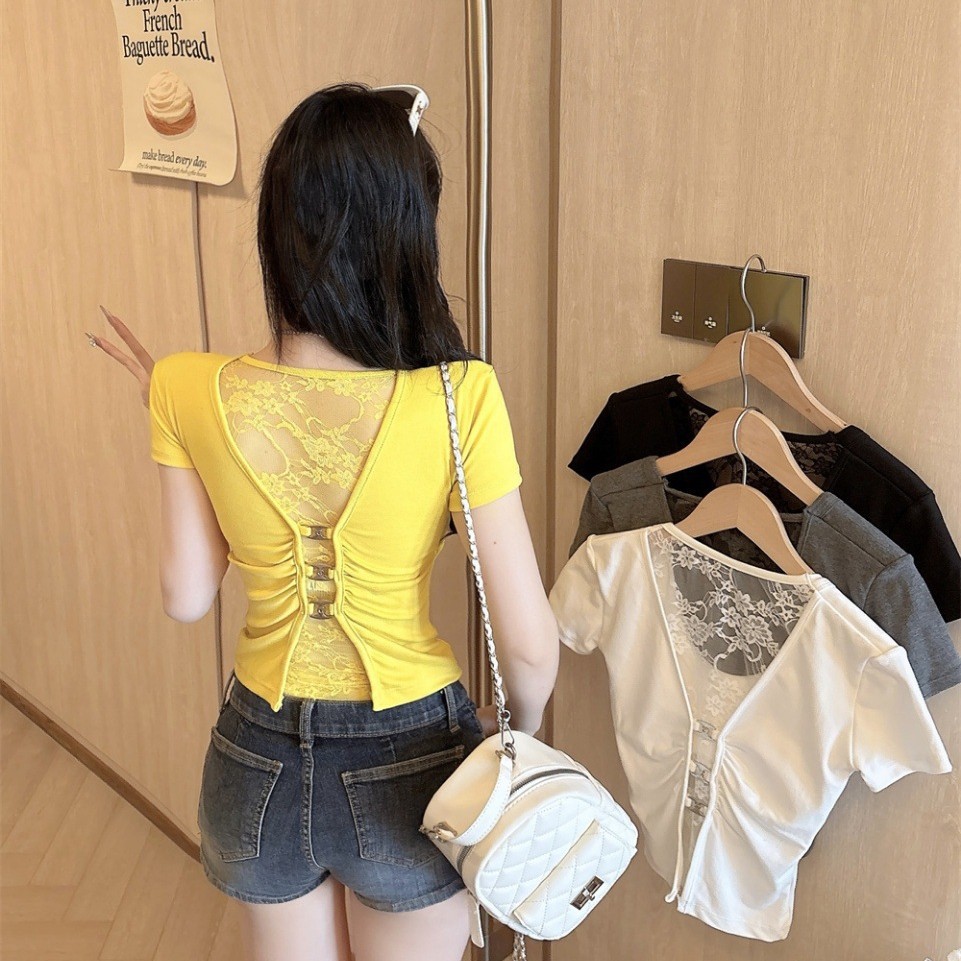 5130 # Backless Lace Cutout Design, Stunning Slim-Fit Top for Women, Summer French Chic Short-Sleeve T-Shirt