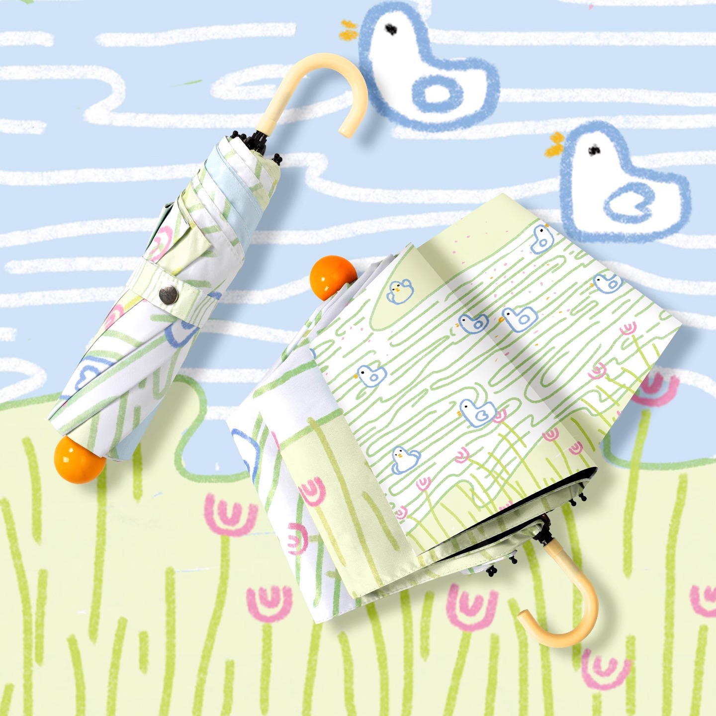 Duck-shaped Curved Handle Sunshade Umbrella, UV Protection, Portable, Dual-use Sun Rain, Cartoon Umbrella For Women And_voghion.com