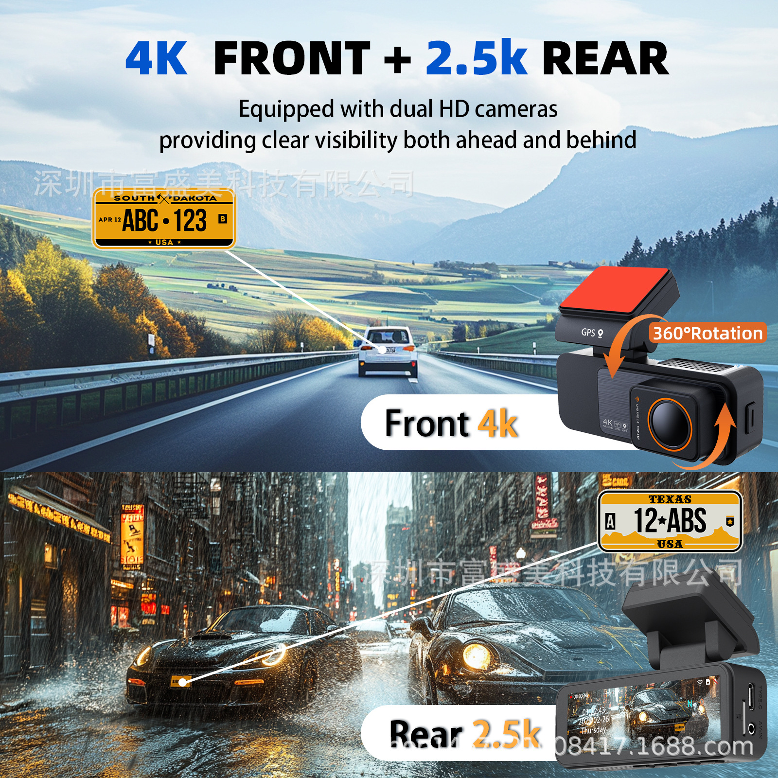 新型国境を越えた2レンズ4k駐車監視360パノラマ3インチWIFI夜視高精細GPSドライブレコーダ