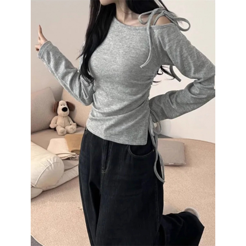 South Korea's Dongdaemun Side Drawstring Slit Off-Shoulder Strappy Knitwear T-Shirt Top