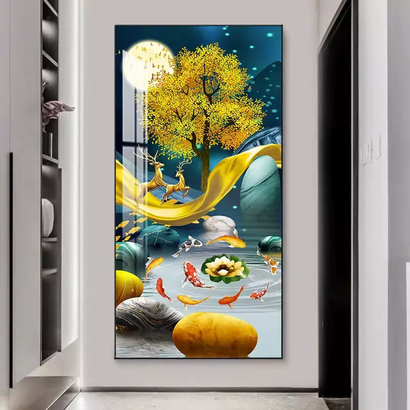 九鱼图玄关装饰画现代入户过道走廊尽头挂画客厅入门玄幻对门壁画