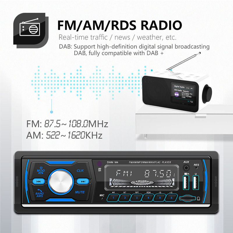 12V Car Dab Antenna Radio Mp3 Player Short Wireless Digital Broadcast Rds Bluetooth Hands-Free Card Insertion