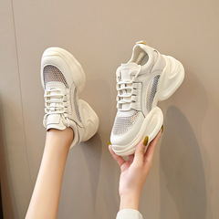 網鞋老爹鞋2023夏季新款休閒內增高小白鞋透氣網紗真皮厚底鞋女鞋