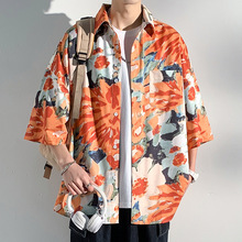 夏威夷花衬衫男士夏季冰丝薄款宽松大码短袖衬衣美式潮牌休闲外套