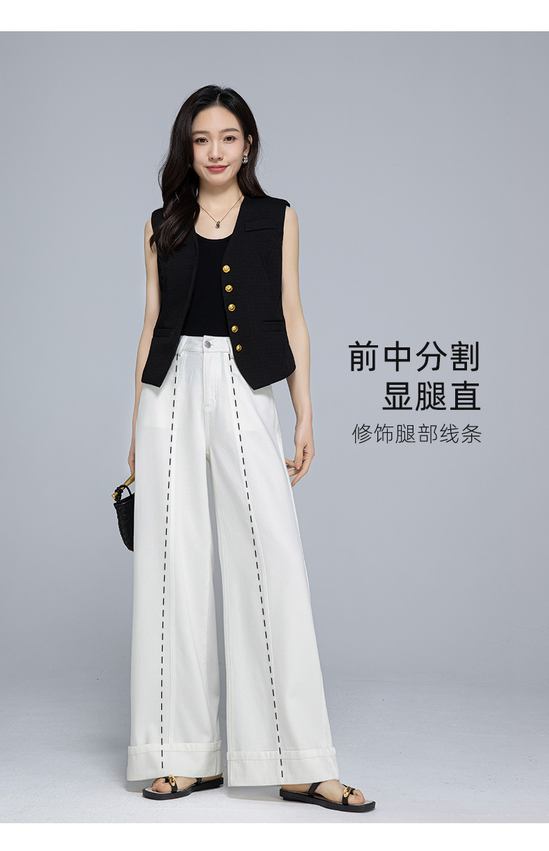 Quần jean ống rộng nữ cạp cao vải Tencel cotton mềm mại, dáng suông rộng, gấu xắn, mỏng nhẹ mùa hè — Màu trắng chi tiết 15