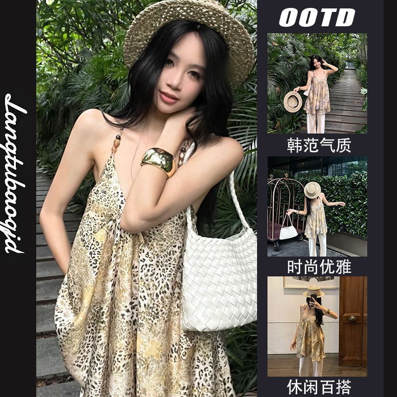 设计感不规则豹纹套装吊带露背女装夏季挂脖宽松无袖外穿辣妹上衣|undefined